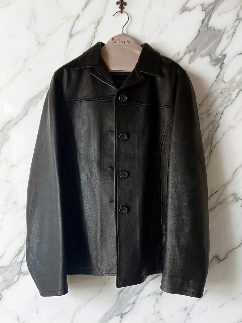 Giacca Vintage in Vera Pelle Straight Fit con Colletto Bowling - nero