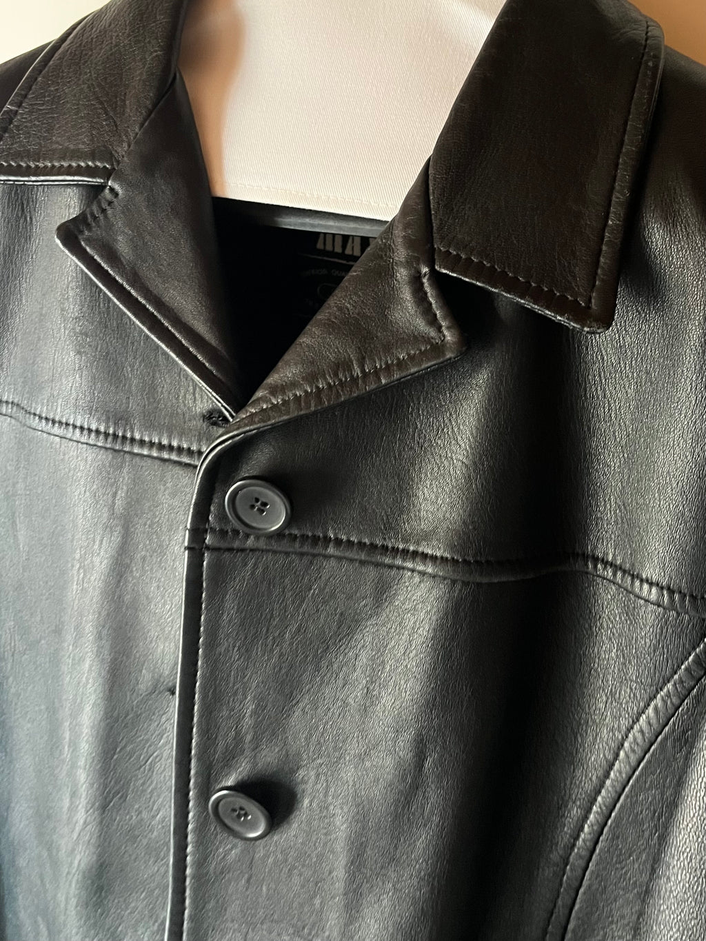Giacca Vintage in Vera Pelle Straight Fit con Colletto Bowling - nero