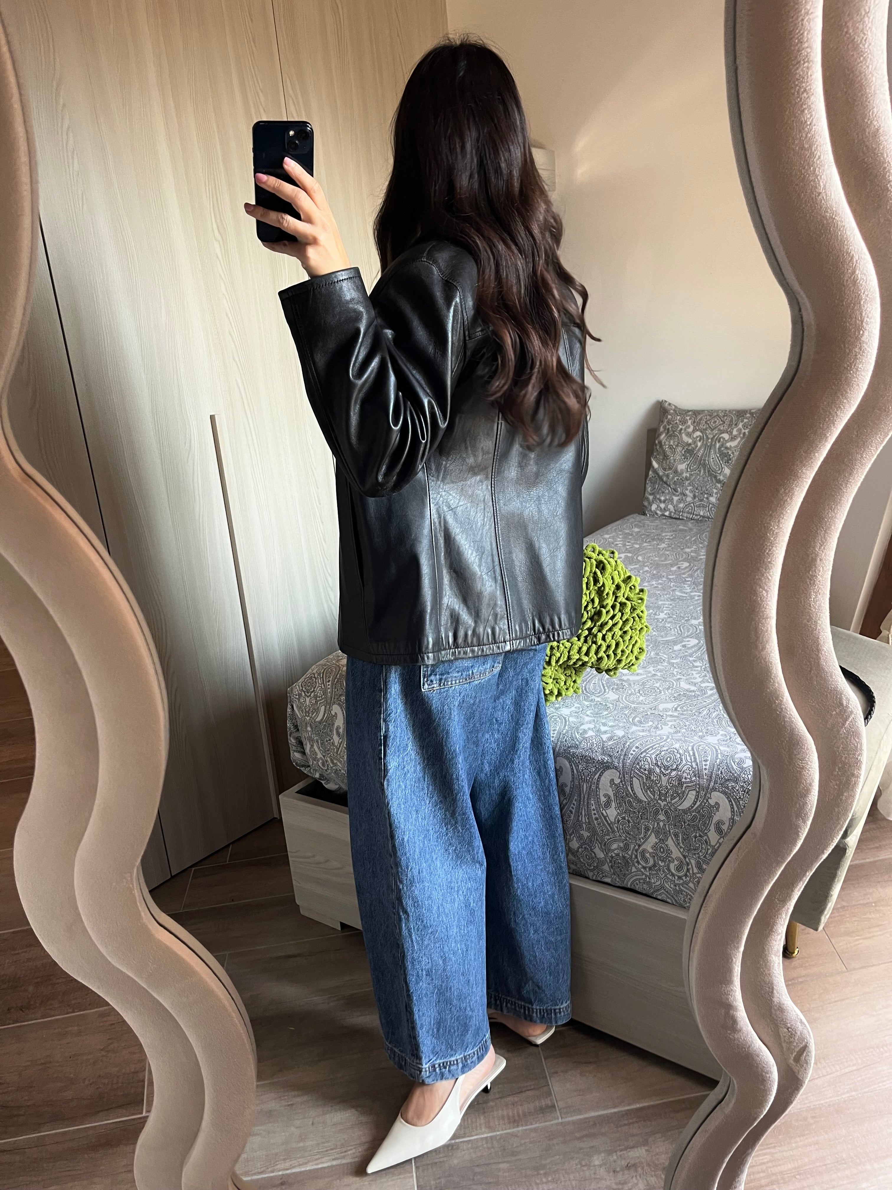 Giacca Vintage in Vera Pelle Straight Fit con Colletto Bowling - nero