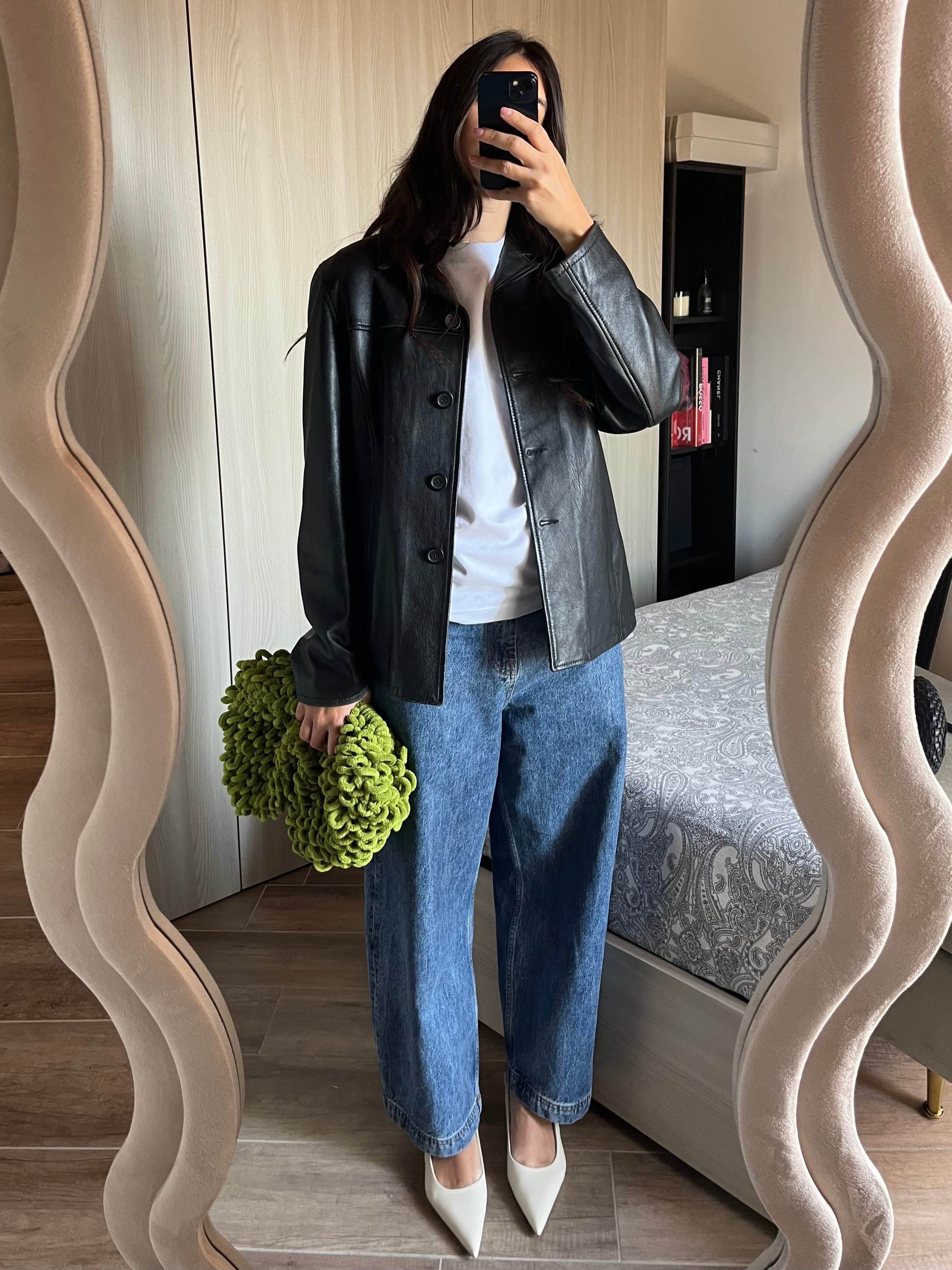 Giacca Vintage in Vera Pelle Straight Fit con Colletto Bowling - nero
