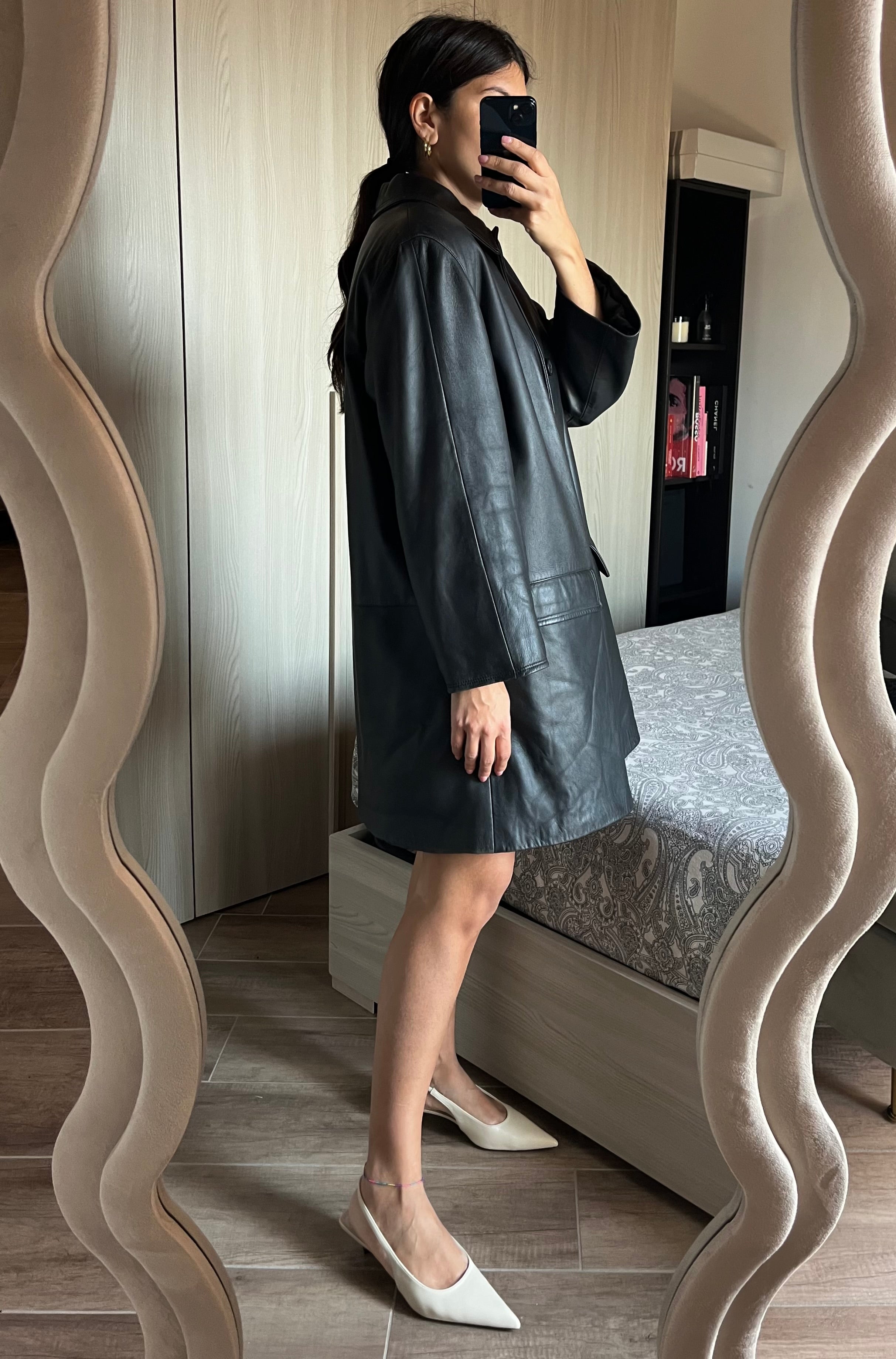 Giacca in Vera Pelle Dark Grey con Collo Inglese