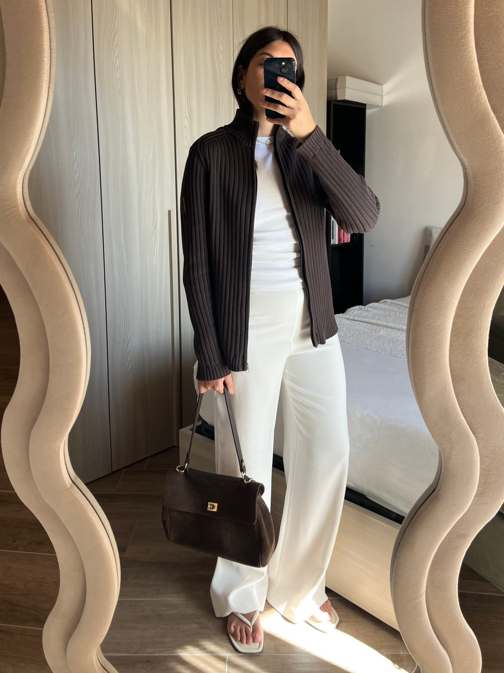 Cardigan Marlboro Classics in Cotone a Cannette con Zip Marrone