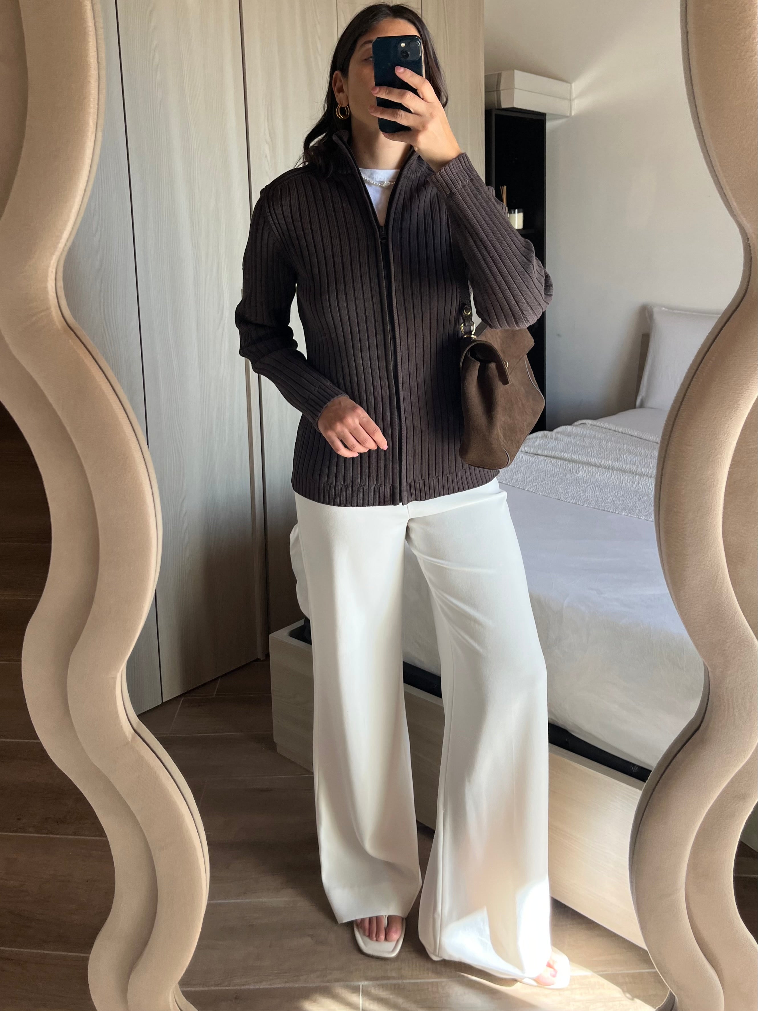Cardigan Marlboro Classics in Cotone a Cannette con Zip Marrone