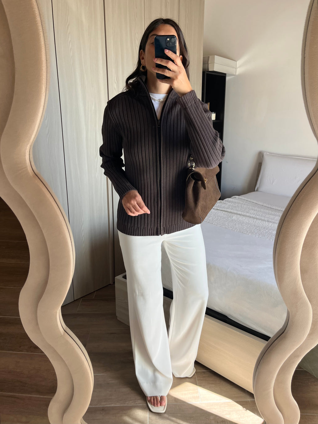 Cardigan Marlboro Classics in Cotone a Cannette con Zip Marrone