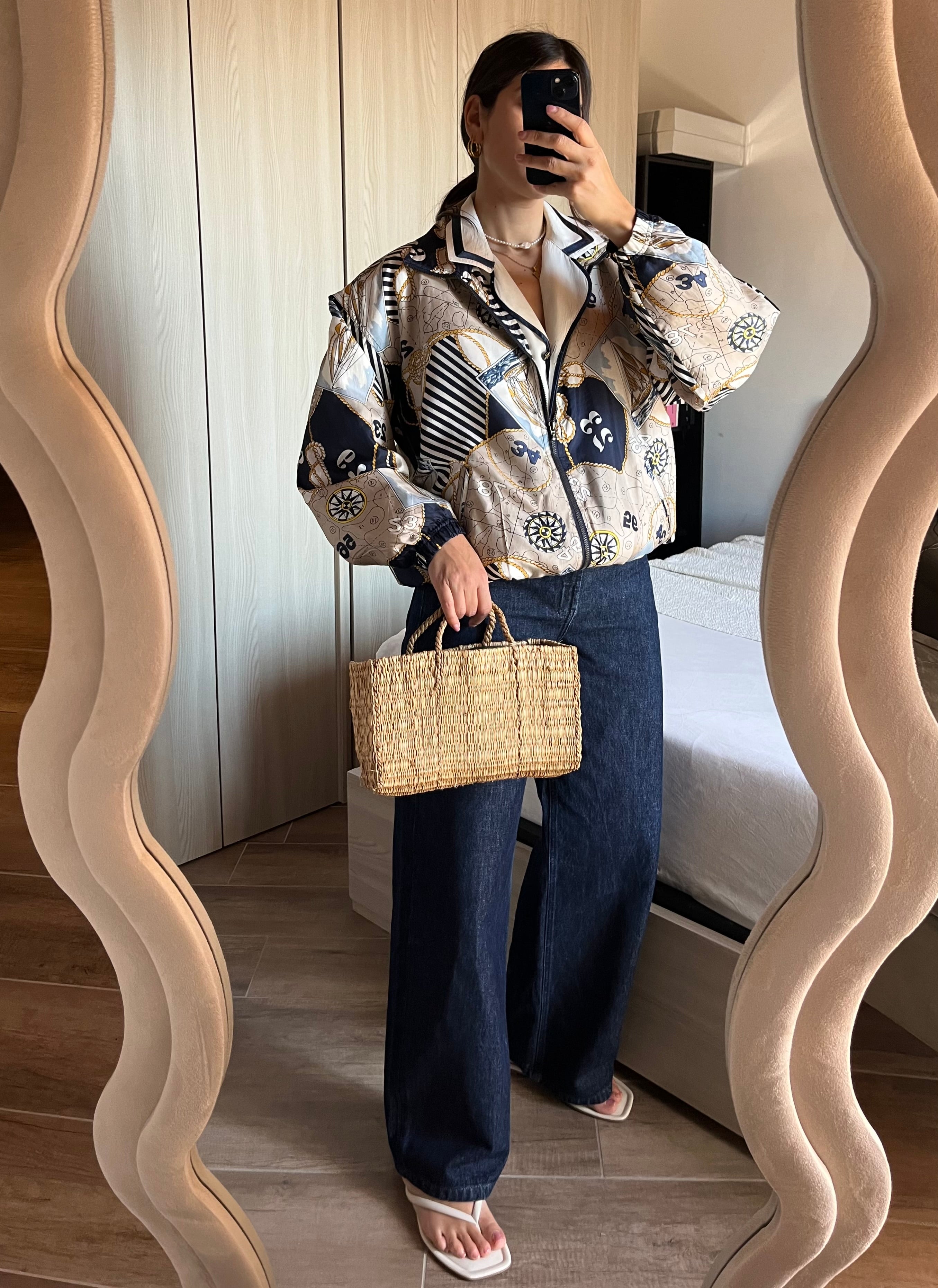 Bomber in Pura Seta Stampa Navy style