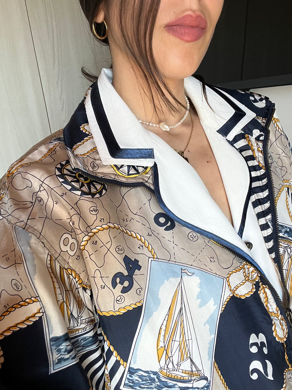 Bomber in Pura Seta Stampa Navy style