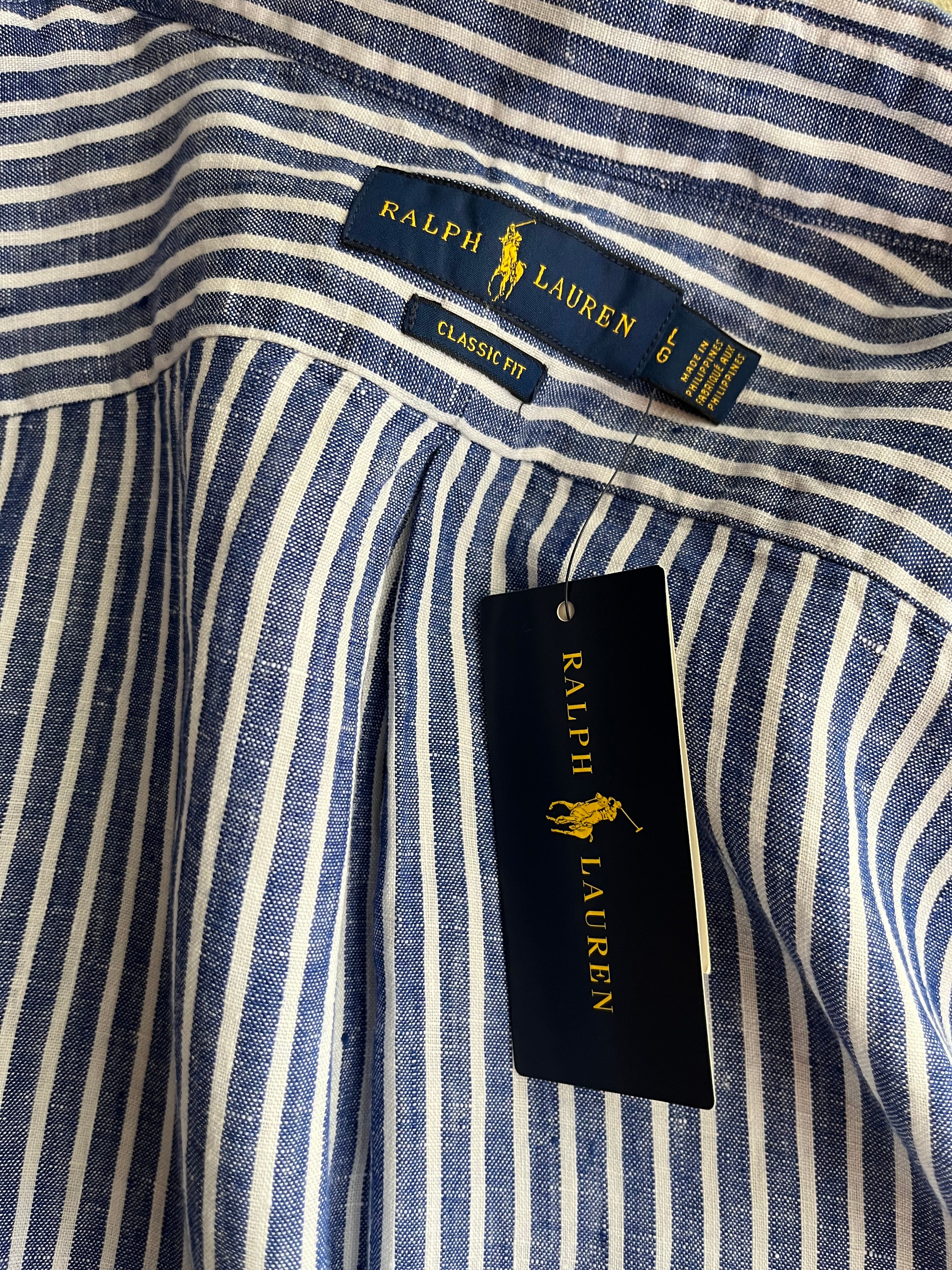 Camicia Ralph Lauren in Puro Lino blue stripes - logo giallo