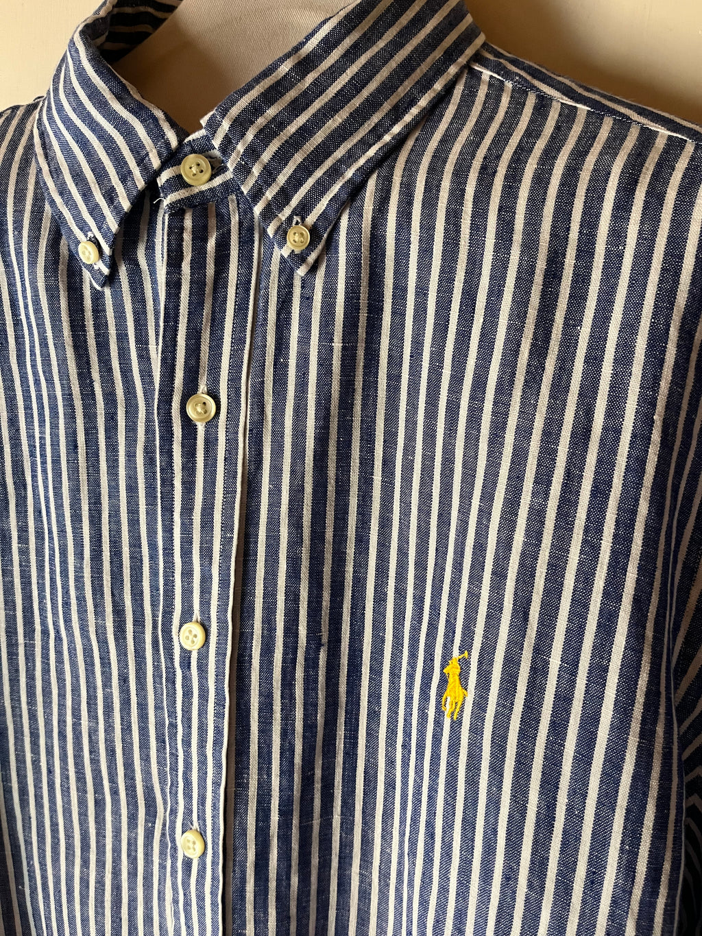 Camicia Ralph Lauren in Puro Lino blue stripes - logo giallo