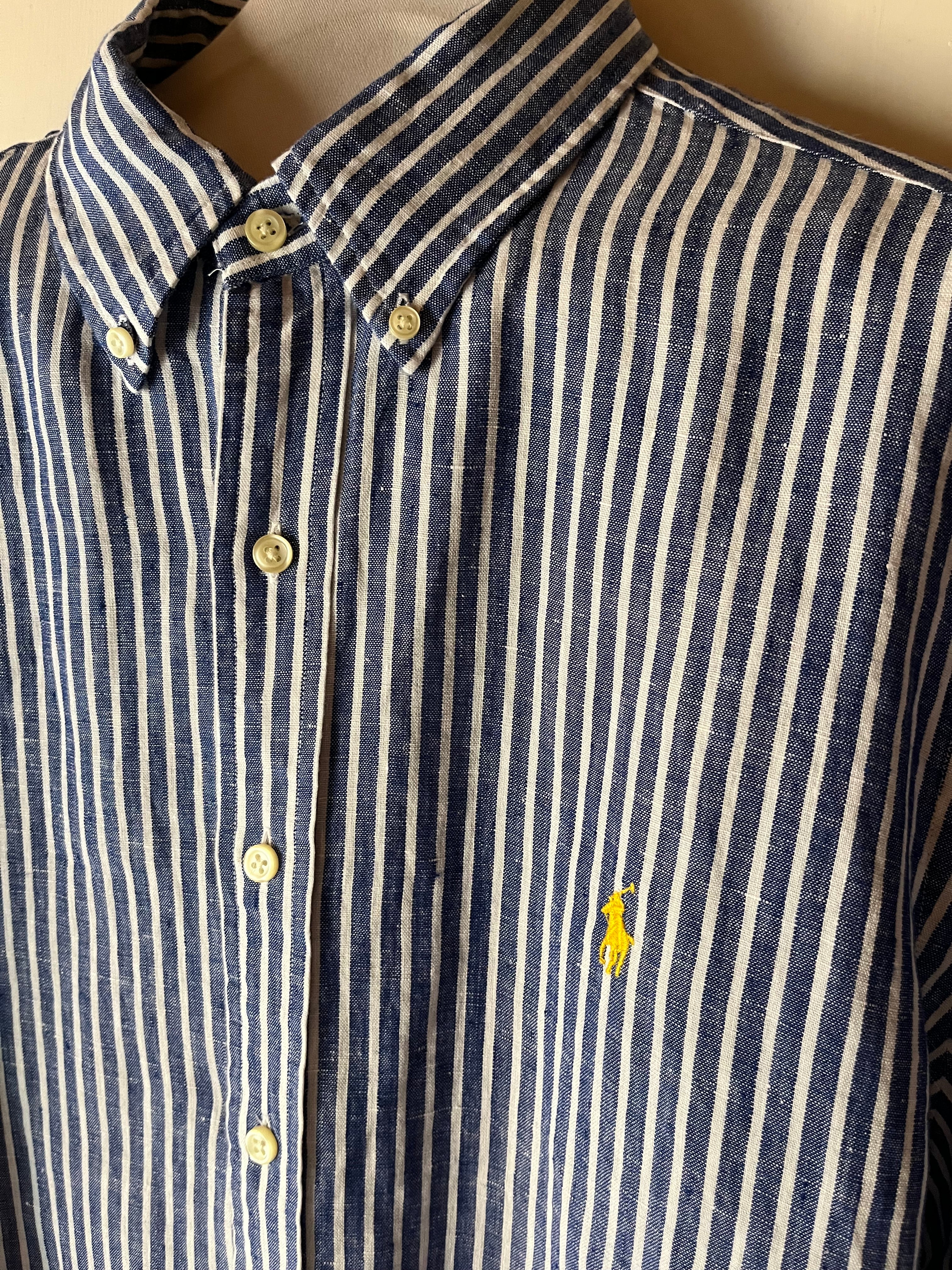 Camicia Ralph Lauren in Puro Lino blue stripes - logo giallo