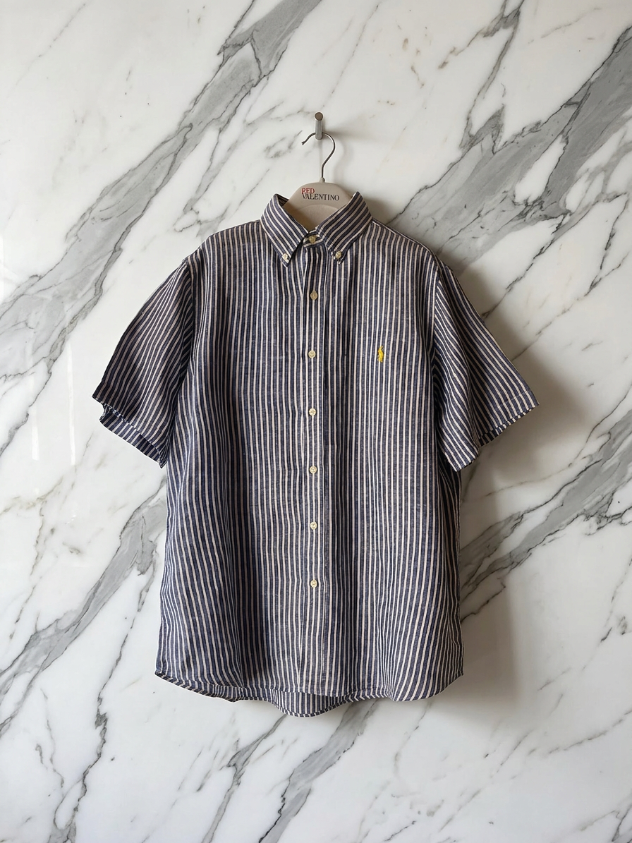 Camicia Ralph Lauren in Puro Lino blue stripes - logo giallo